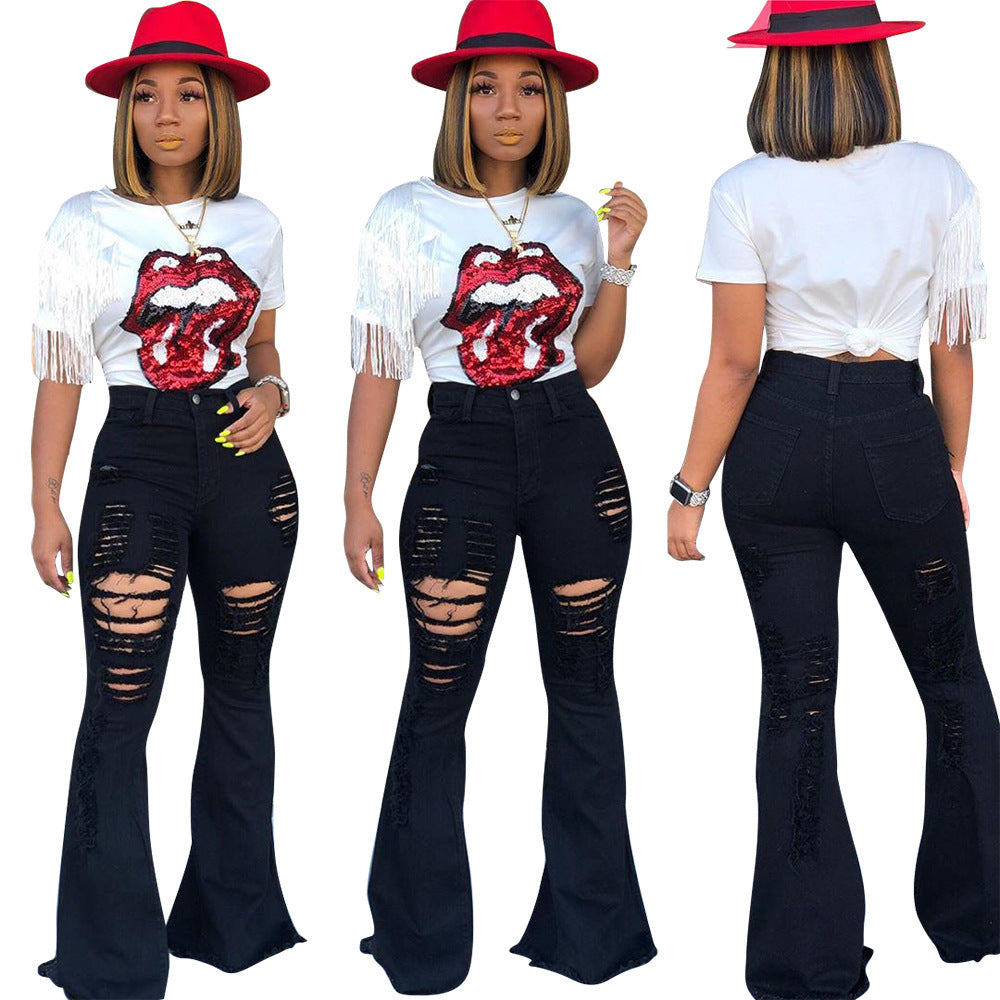 Ladies' Explosive Ripped Fringed Flared Pants