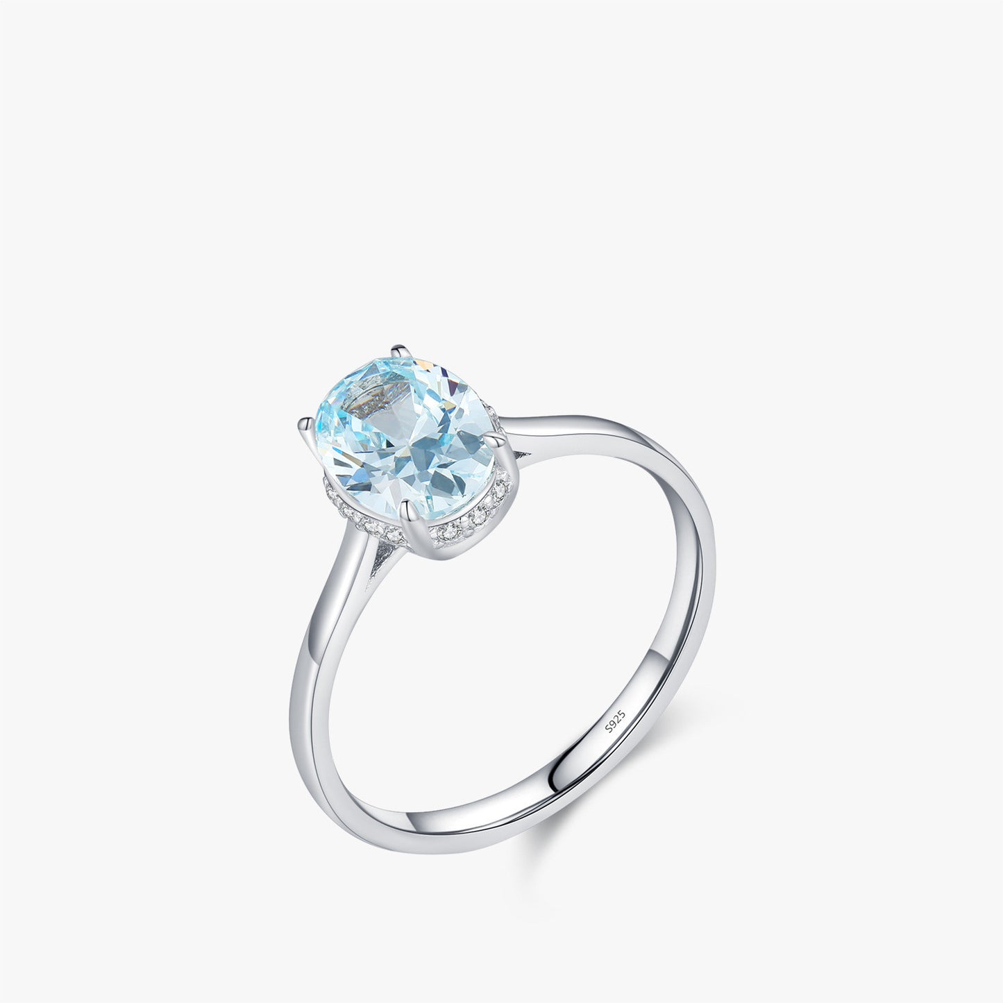 S925 Sterling Silver Light Ocean Blue Diamond-studded Ring