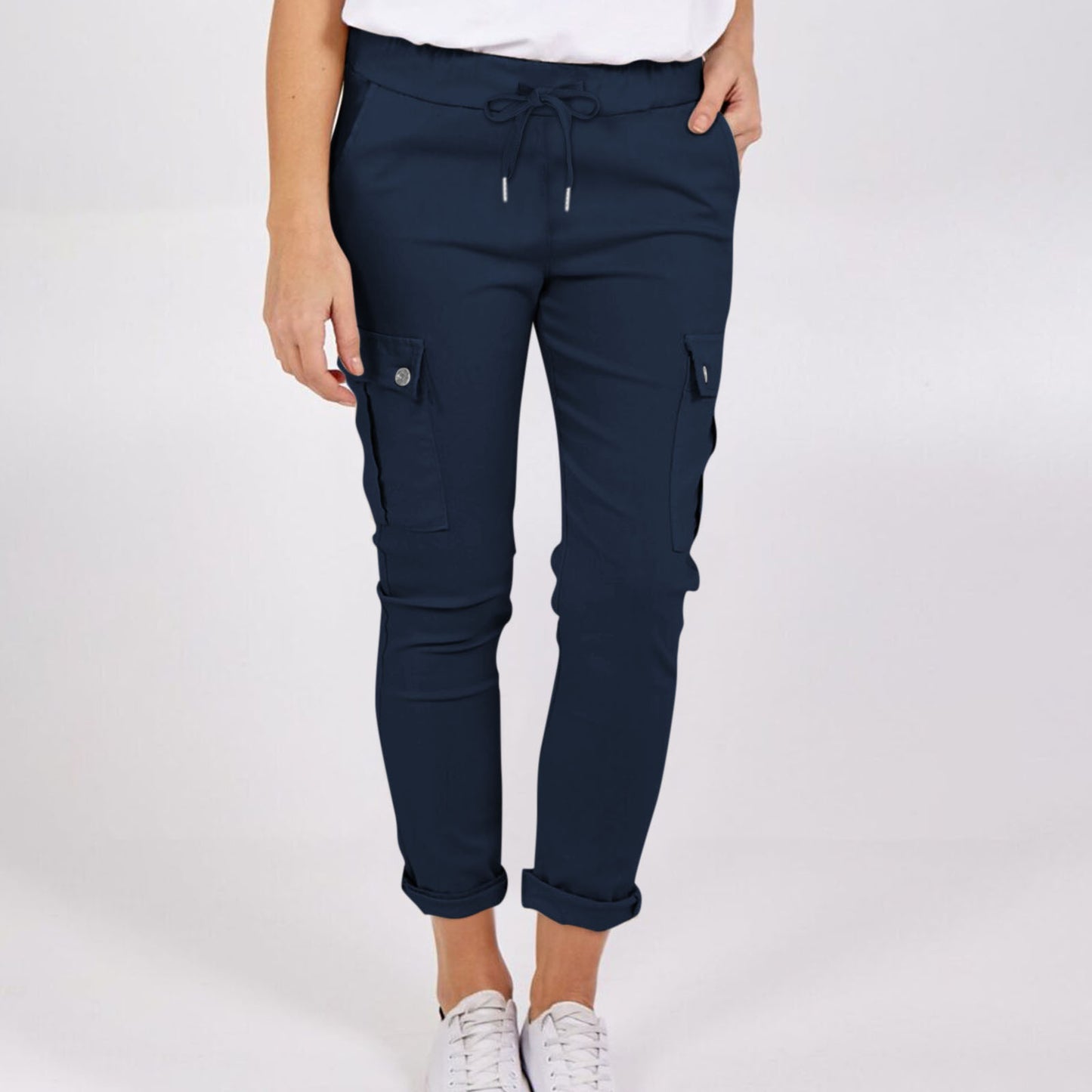 Casual Cargo Pants With Pockets Solid Color Drawstring