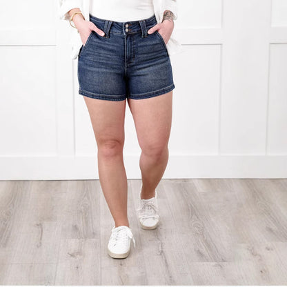 High Waist Double Buckle Denim Shorts