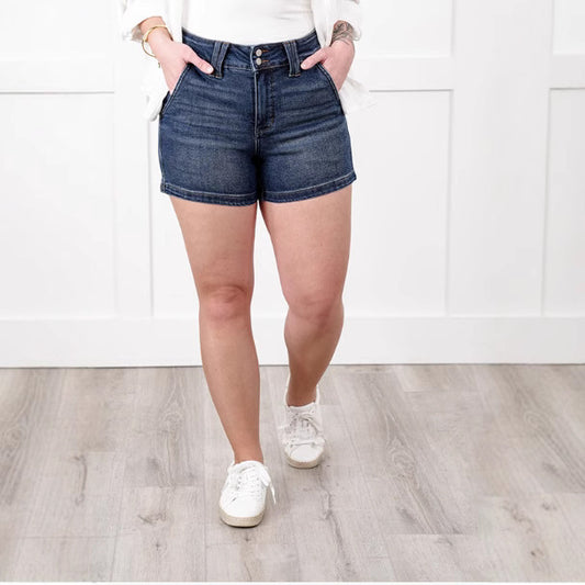 High Waist Double Buckle Denim Shorts