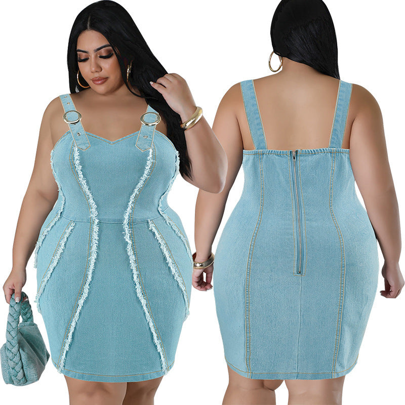 Plus Size Women's Denim Sling Tassel Dress