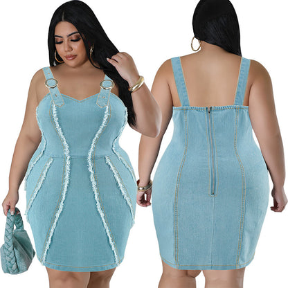 Plus Size Women's Denim Sling Tassel Dress