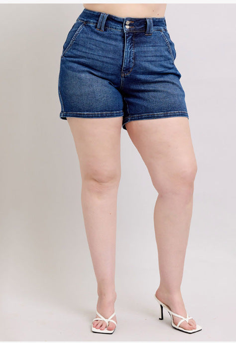 High Waist Double Buckle Denim Shorts