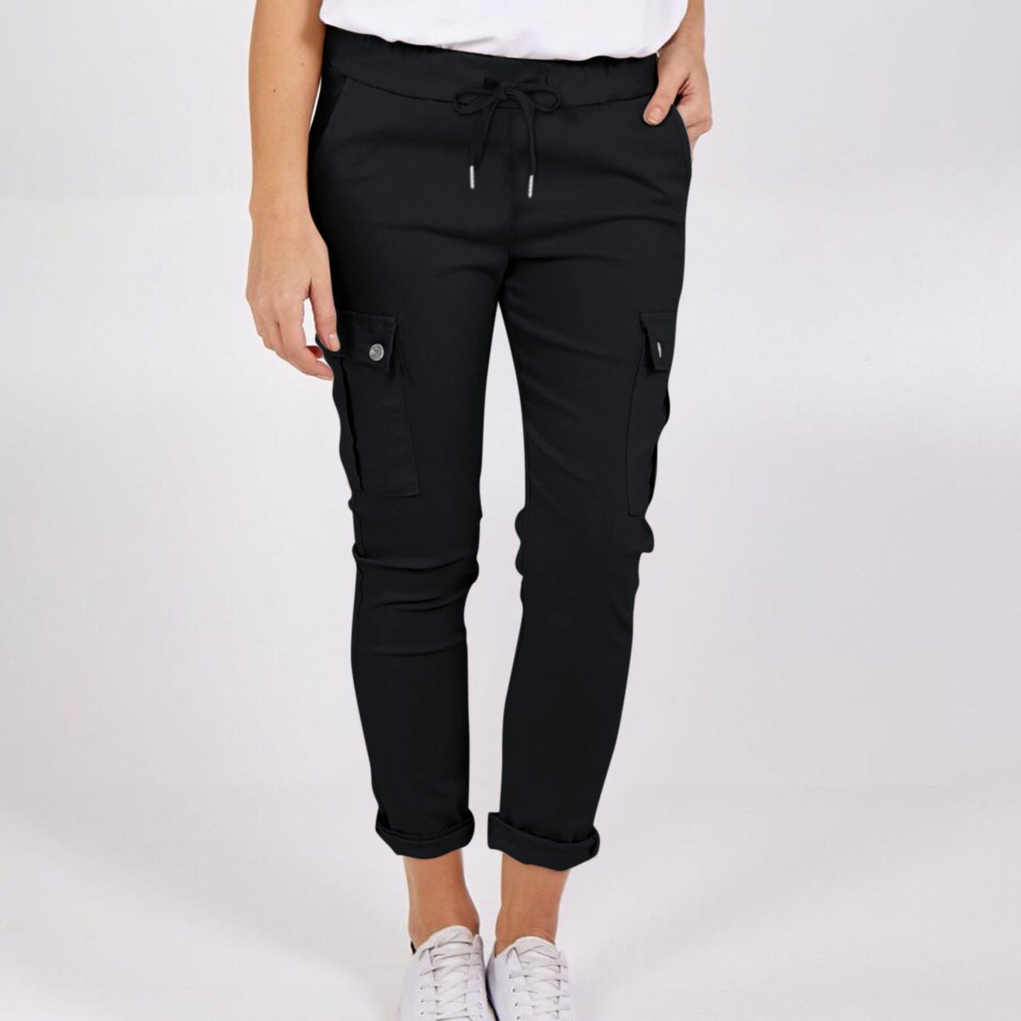 Casual Cargo Pants With Pockets Solid Color Drawstring
