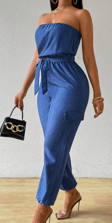 Women's Denim-Look Strapless Jumpsuit