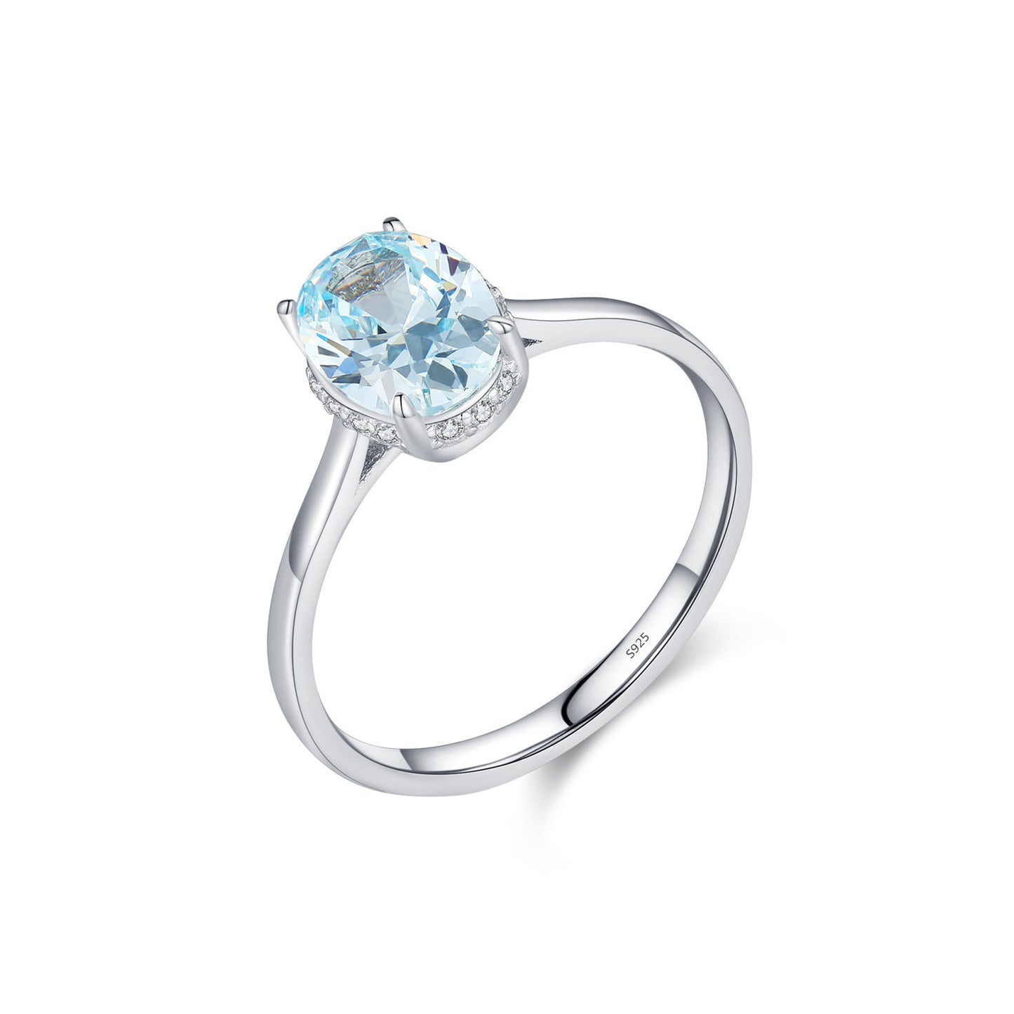 S925 Sterling Silver Light Ocean Blue Diamond-studded Ring