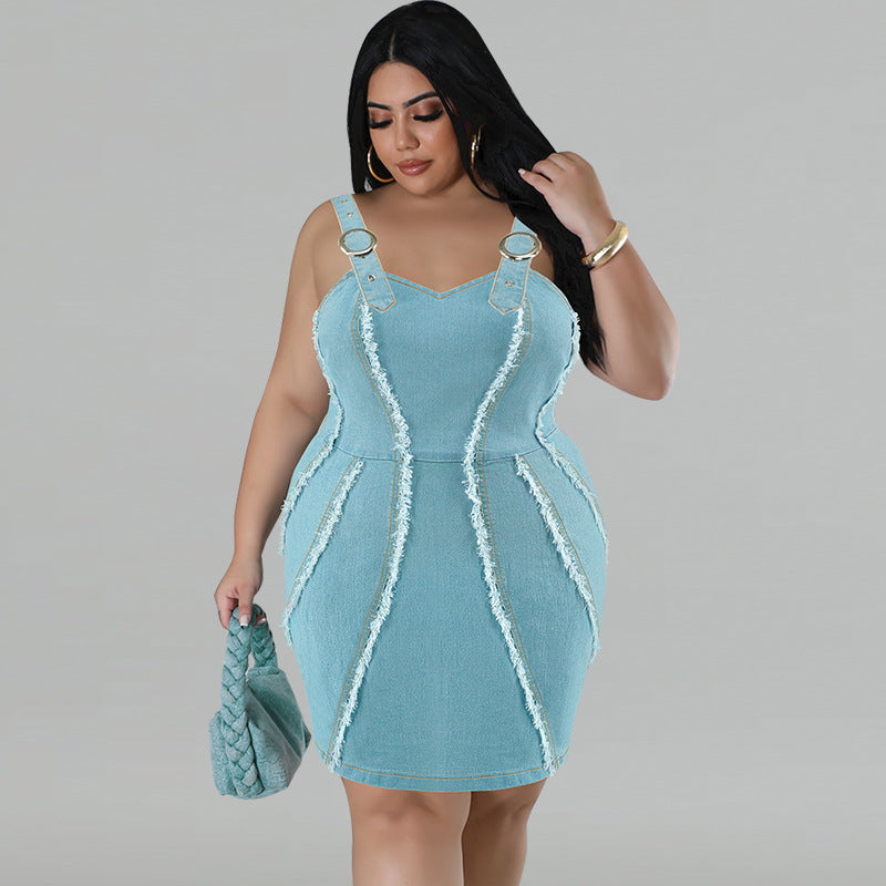 Plus Size Women's Denim Sling Tassel Dress