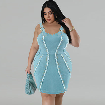 Plus Size Women's Denim Sling Tassel Dress