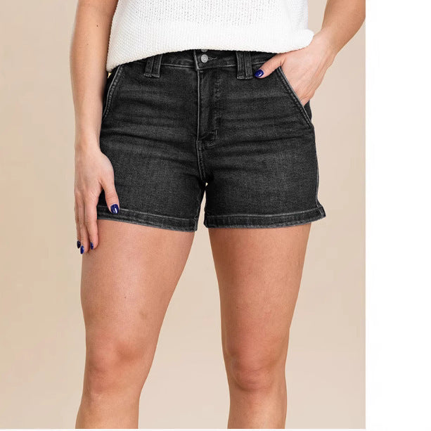 High Waist Double Buckle Denim Shorts