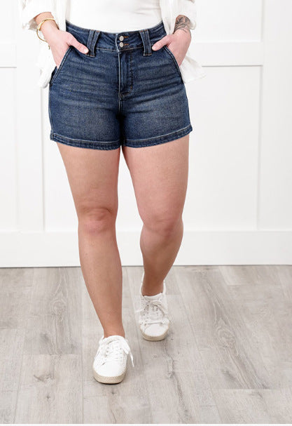 High Waist Double Buckle Denim Shorts