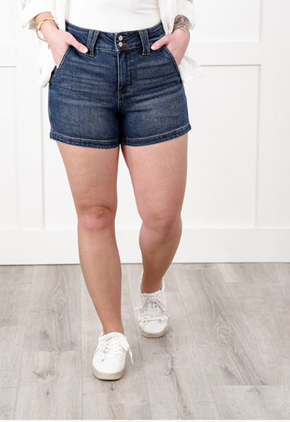 High Waist Double Buckle Denim Shorts