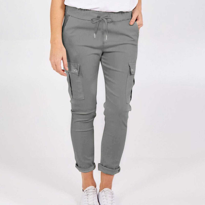 Casual Cargo Pants With Pockets Solid Color Drawstring