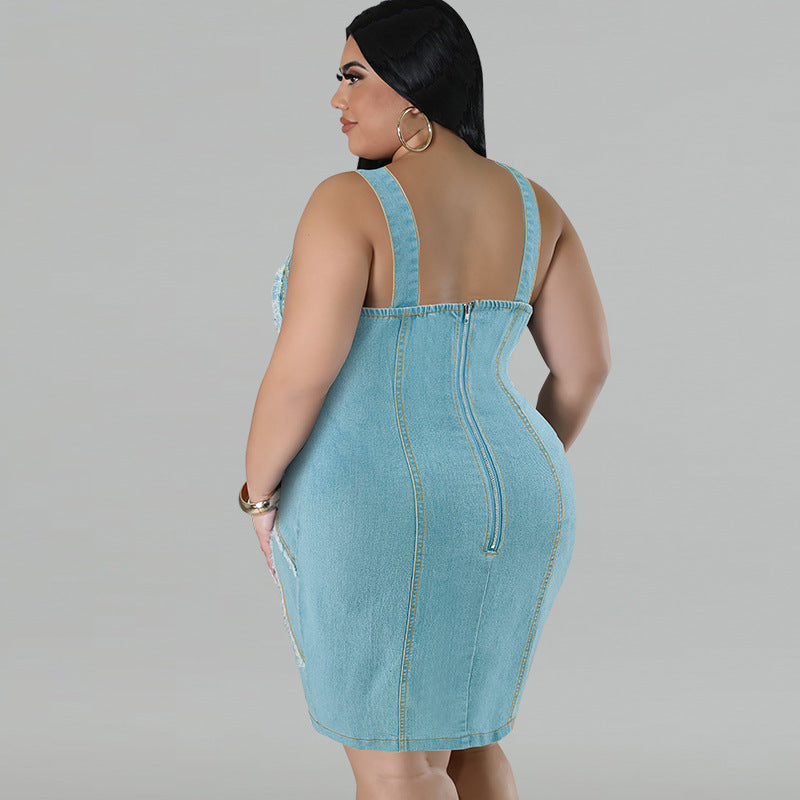 Plus Size Women's Denim Sling Tassel Dress