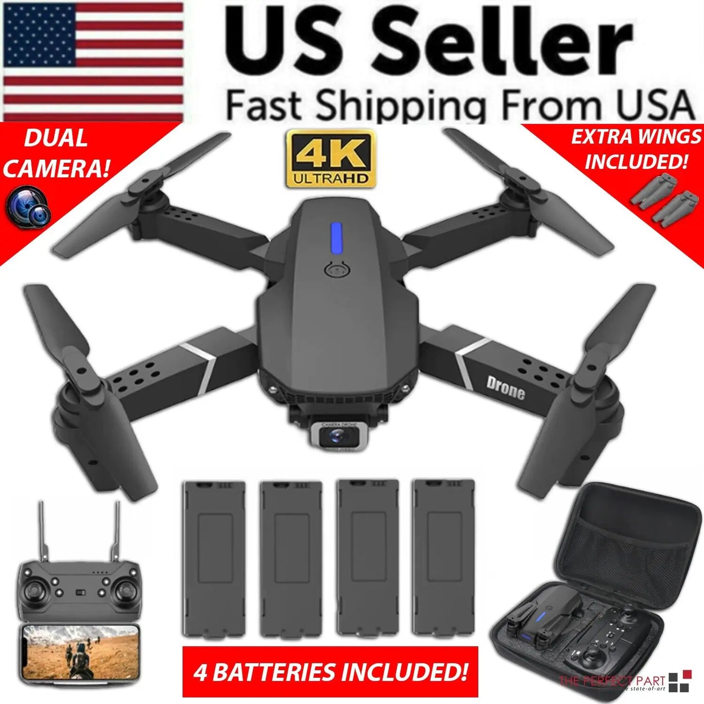 RC Drone With 4K HD Dual Camera WiFi FPV Foldable Quadcopter +4 Battery