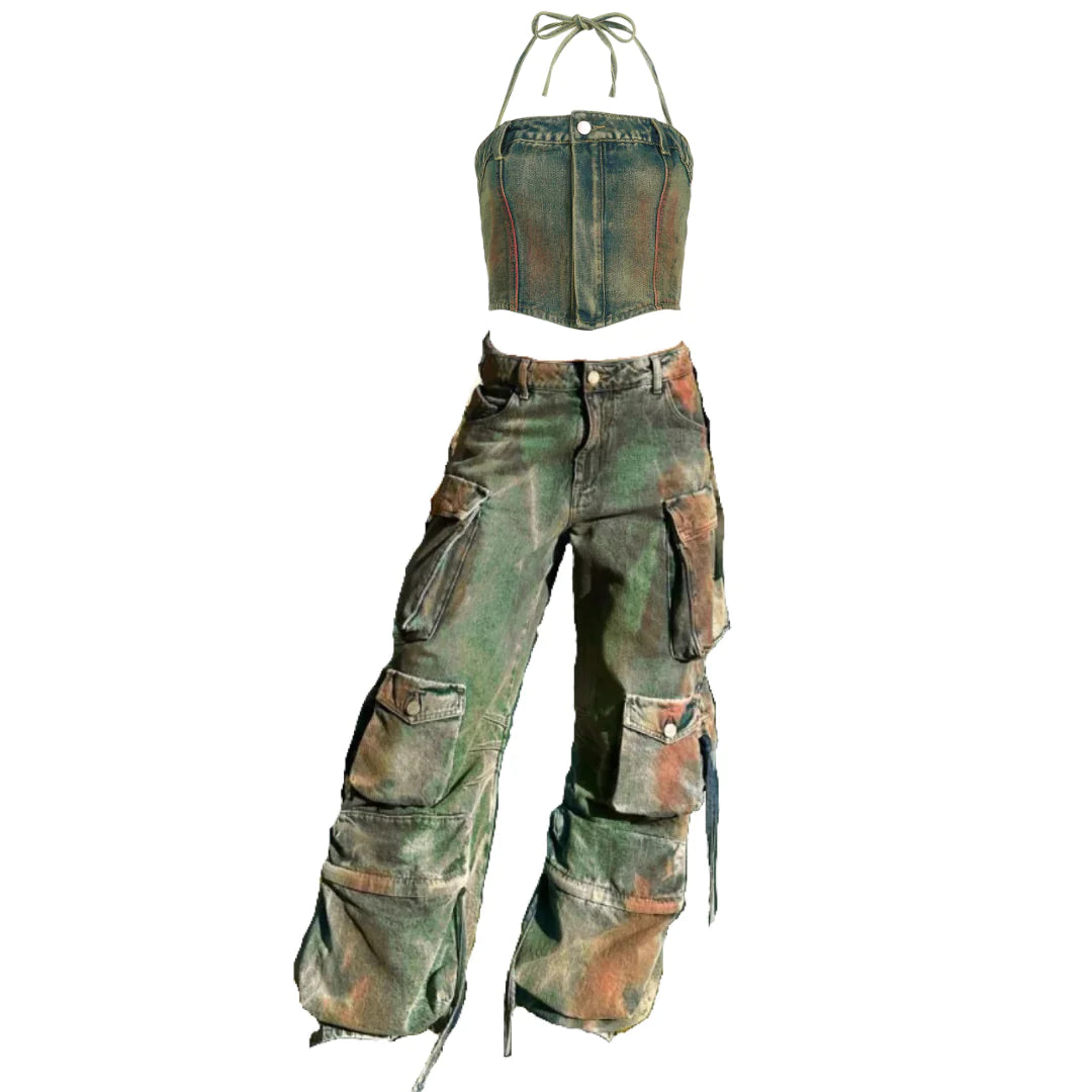 Denim Halter Cargo Pant Set